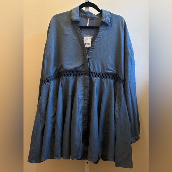 NWT Free People Hazy Baby Mini Dress S Slate Blue Mirage Linen Lined Crochet - Picture 3 of 10